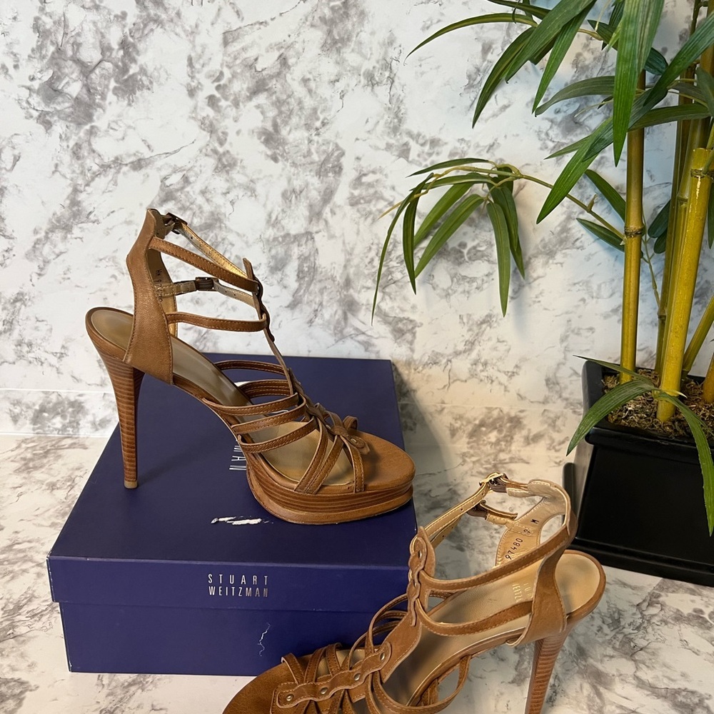 Stuart Weitzman Strappy platform leather sandals with wood heels. Size 9, good - Picture 2 of 5